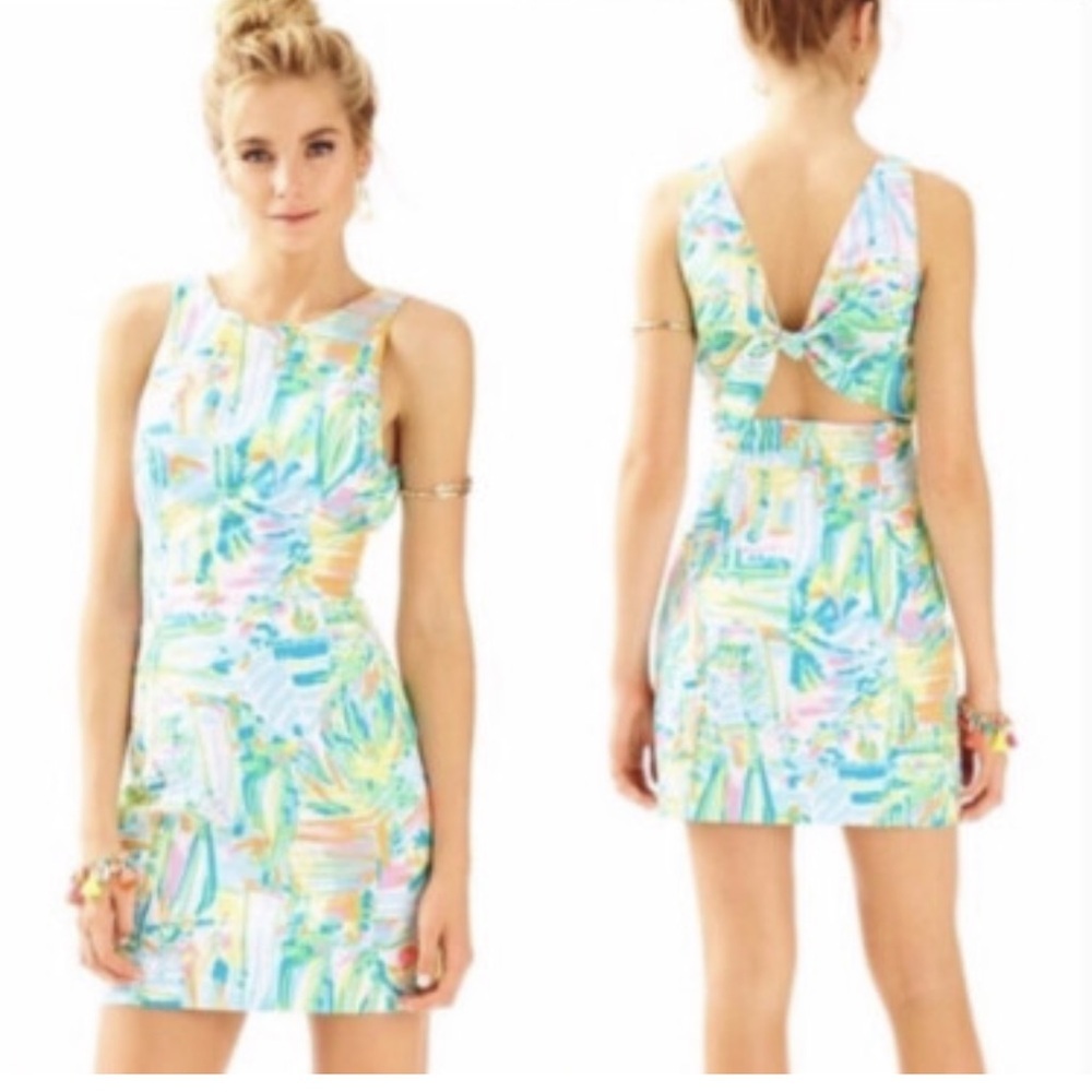 Lilly Pulitzer Sz 0 Vibrant Multicolor Mini Dress backless bow Courtney sea salt